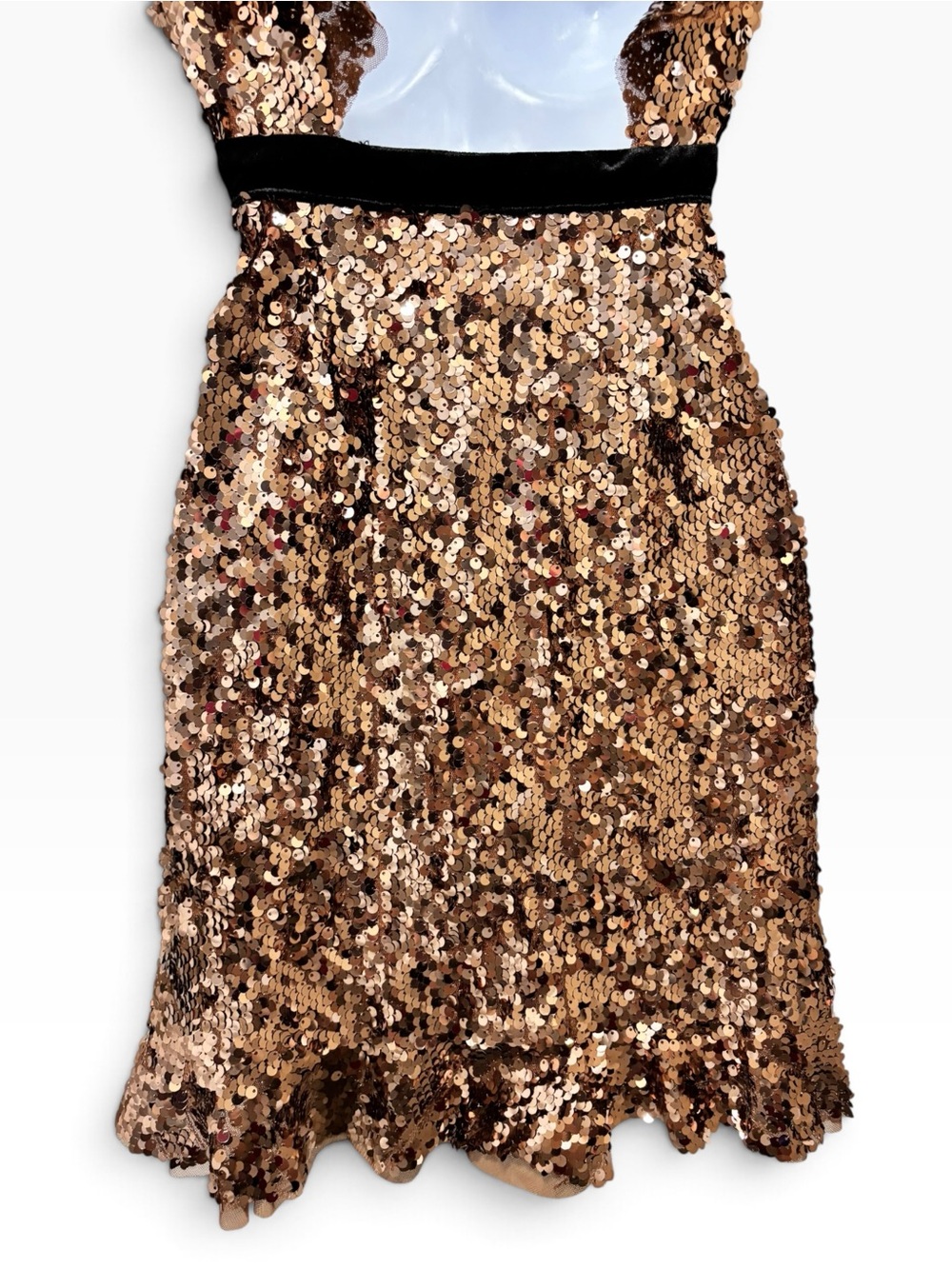 Free People Bronze Sequin Ruffle Mini Dress Velvet Belt Size 6 - Picture 6 of 9